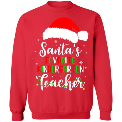 Santa's Favorite Kindergarten Teacher Santa Hat Christmas Light-T-Shirt & Sweatshirt-Crewneck Sweatshirt-Red