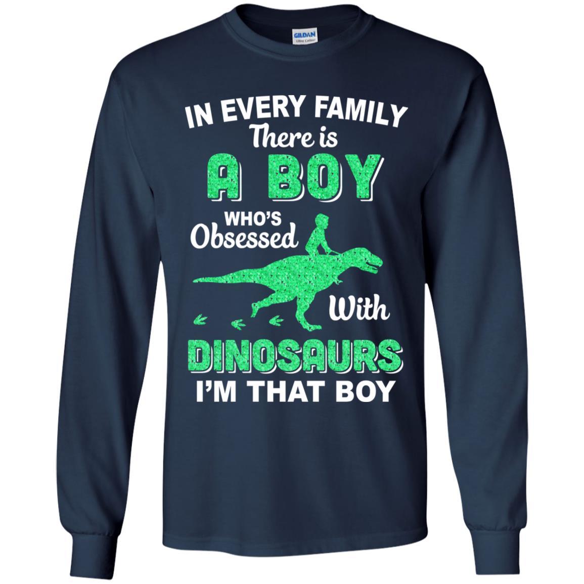 A Boy Who's Obsessed With Dinosaurs I Am That Boy Kids Youth-Youth Shirt-Youth Long Sleeve T-Shirt-Navy