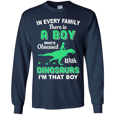 A Boy Who's Obsessed With Dinosaurs I Am That Boy Kids Youth-Youth Shirt-Youth Long Sleeve T-Shirt-Navy