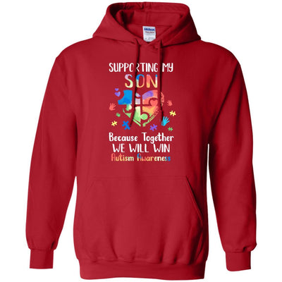 Supporting My Son Puzzle Autism Awareness Month-T-Shirt & Hoodie-Pullover Hoodie-Red