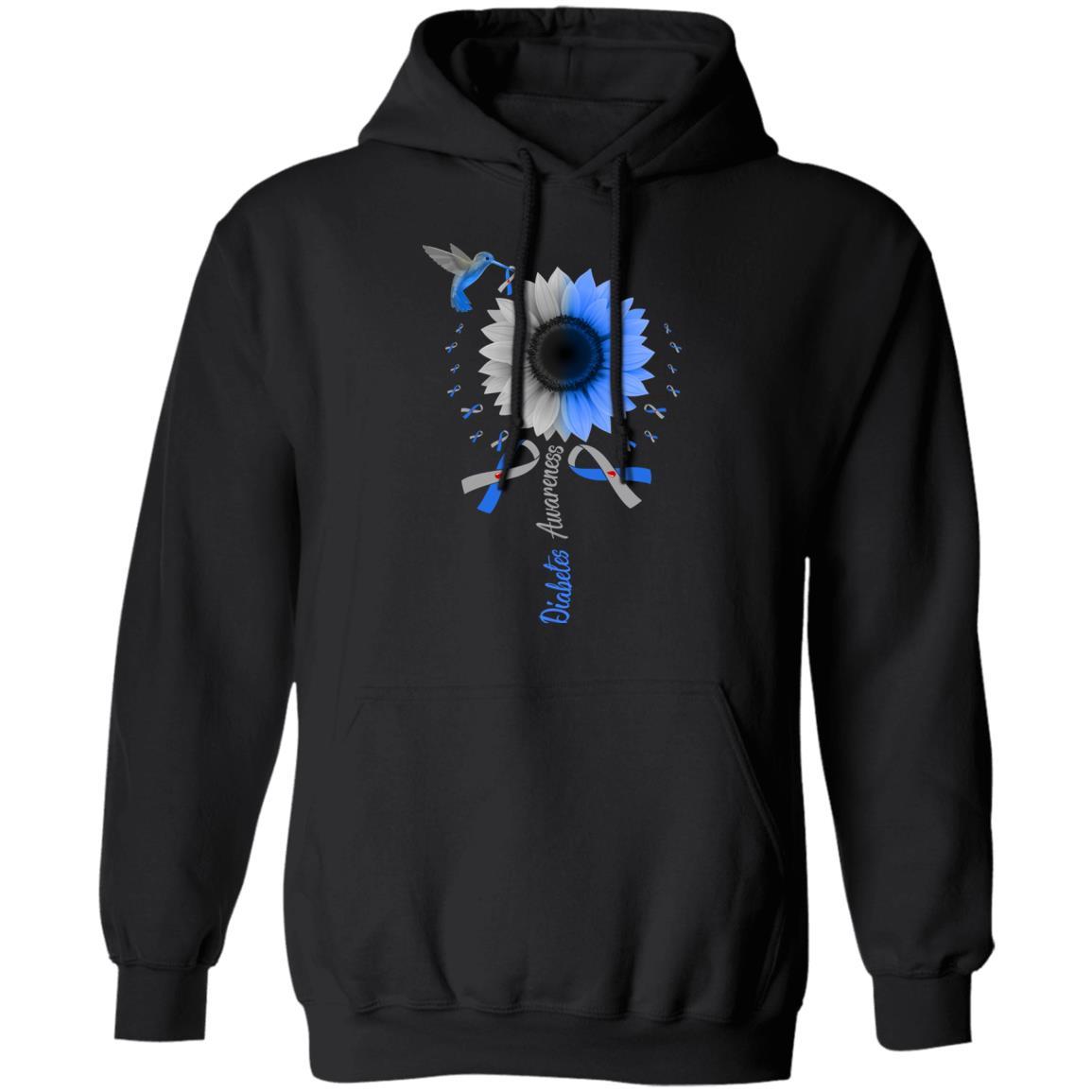 Hummingbird Sunflower Blue Gray Ribbon Diabetes Awareness-T-Shirt & Hoodie-Pullover Hoodie-Black