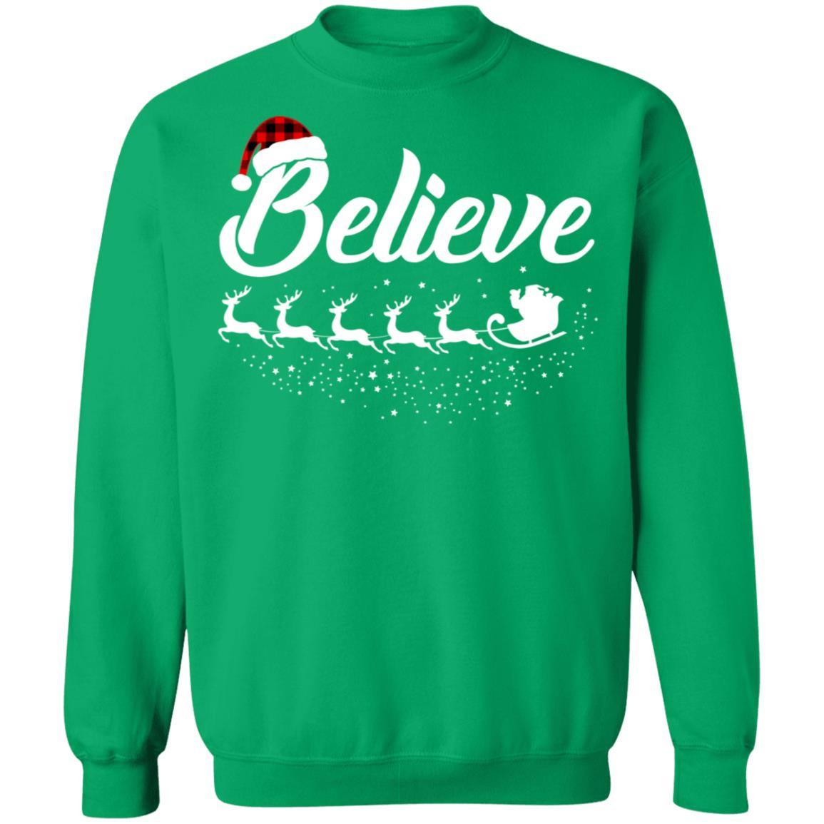 Believe Christmas Gifts Santa Hat Buffalo Plaid-T-Shirt & Sweatshirt-Crewneck Sweatshirt-Irish Green