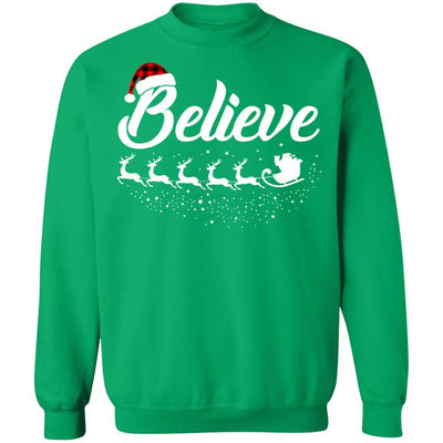 Believe Christmas Gifts Santa Hat Buffalo Plaid-T-Shirt & Sweatshirt-Crewneck Sweatshirt-Irish Green