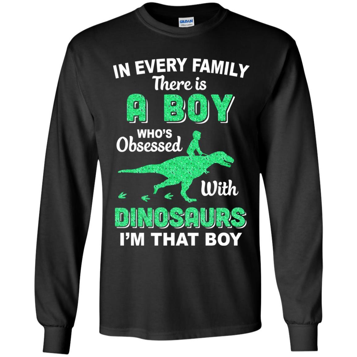 A Boy Who's Obsessed With Dinosaurs I Am That Boy Kids Youth-Youth Shirt-Youth Long Sleeve T-Shirt-Black