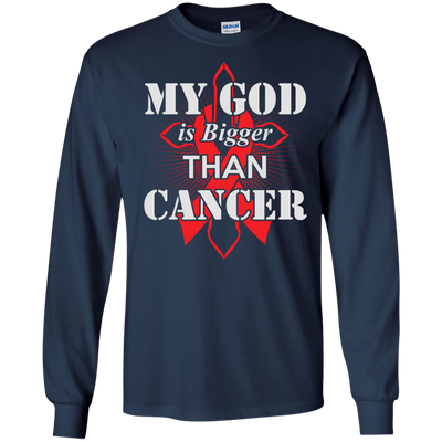 My God Is Bigger Than Cancer Red Awareness Ribbon-T-Shirt & Hoodie-Long Sleeve T-Shirt-Navy