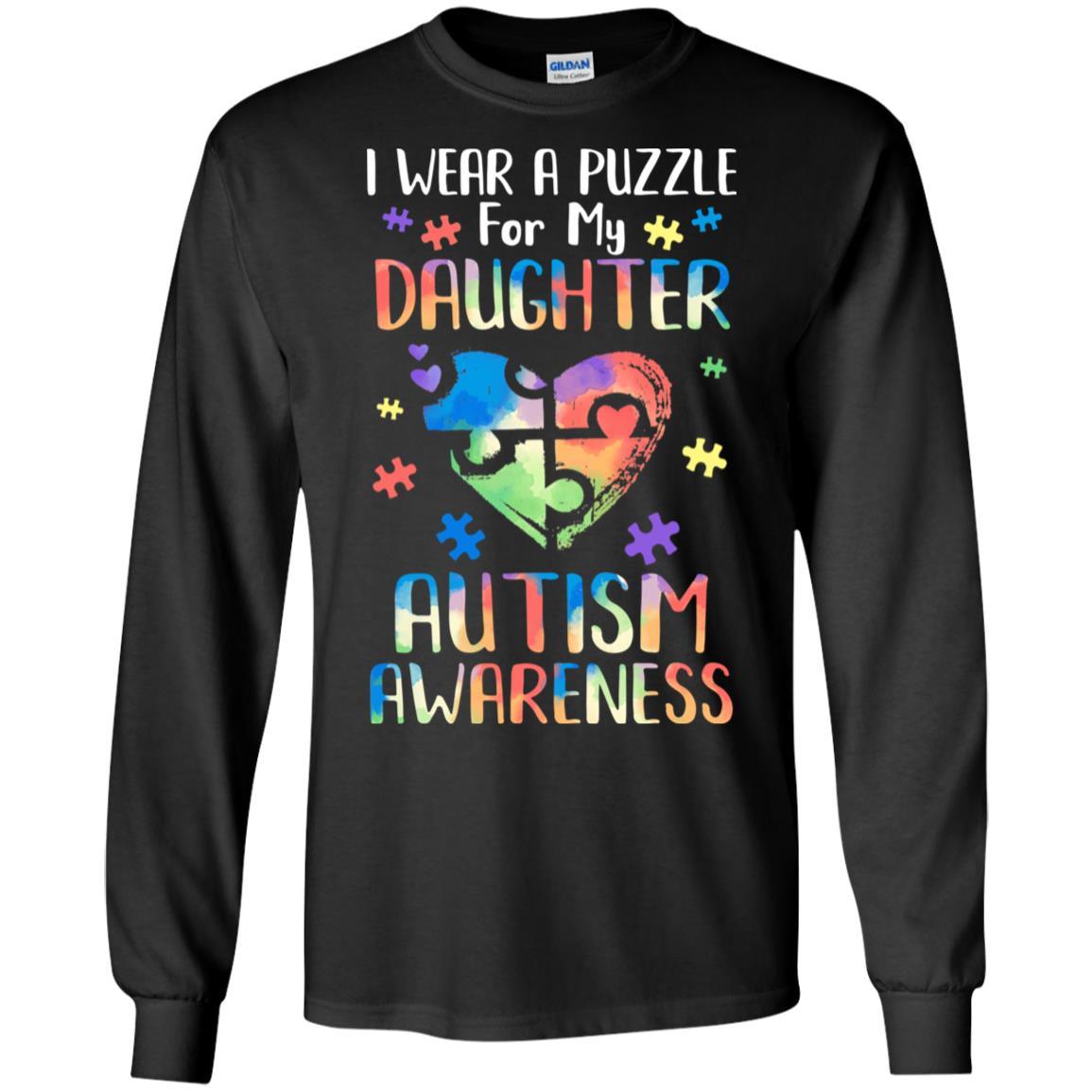 I Wear A Puzzle For My Daughter Autism Awareness-T-Shirt & Hoodie-Long Sleeve T-Shirt-Black