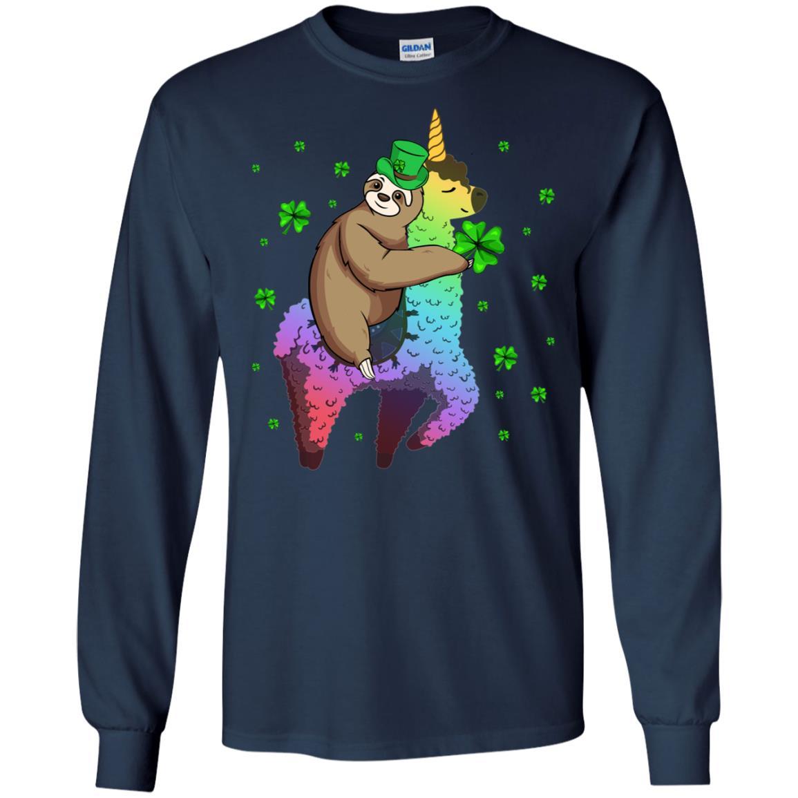 Leprechaun Sloth Riding Llama Unicorn St Patricks Day-T-Shirt & Hoodie-Long Sleeve T-Shirt-Navy