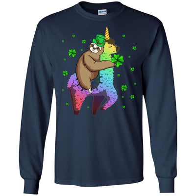 Leprechaun Sloth Riding Llama Unicorn St Patricks Day-T-Shirt & Hoodie-Long Sleeve T-Shirt-Navy