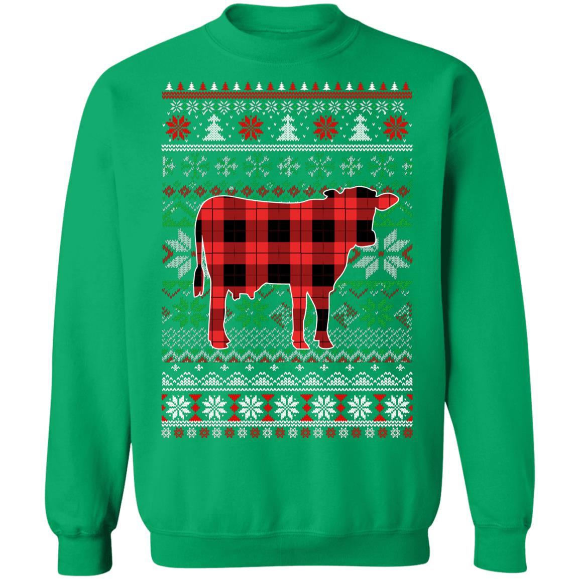 Cow Red Plaid Ugly Christmas Sweater Funny Gifts-T-Shirt & Sweatshirt-Crewneck Sweatshirt-Irish Green