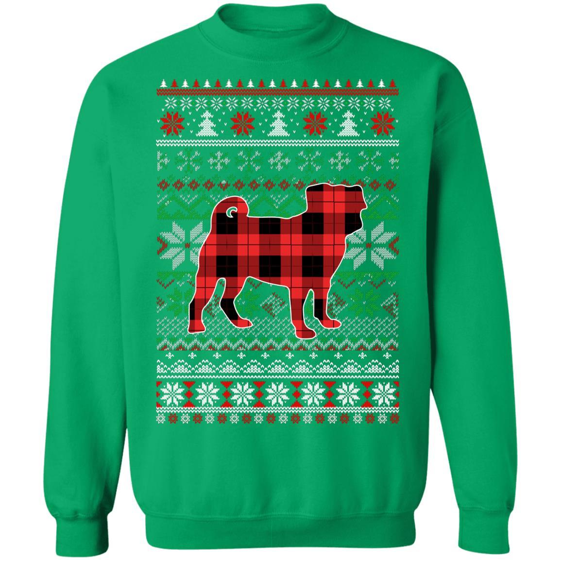 Pug Red Plaid Ugly Christmas Sweater Funny Gifts-T-Shirt & Sweatshirt-Crewneck Sweatshirt-Irish Green