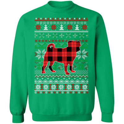 Pug Red Plaid Ugly Christmas Sweater Funny Gifts-T-Shirt & Sweatshirt-Crewneck Sweatshirt-Irish Green