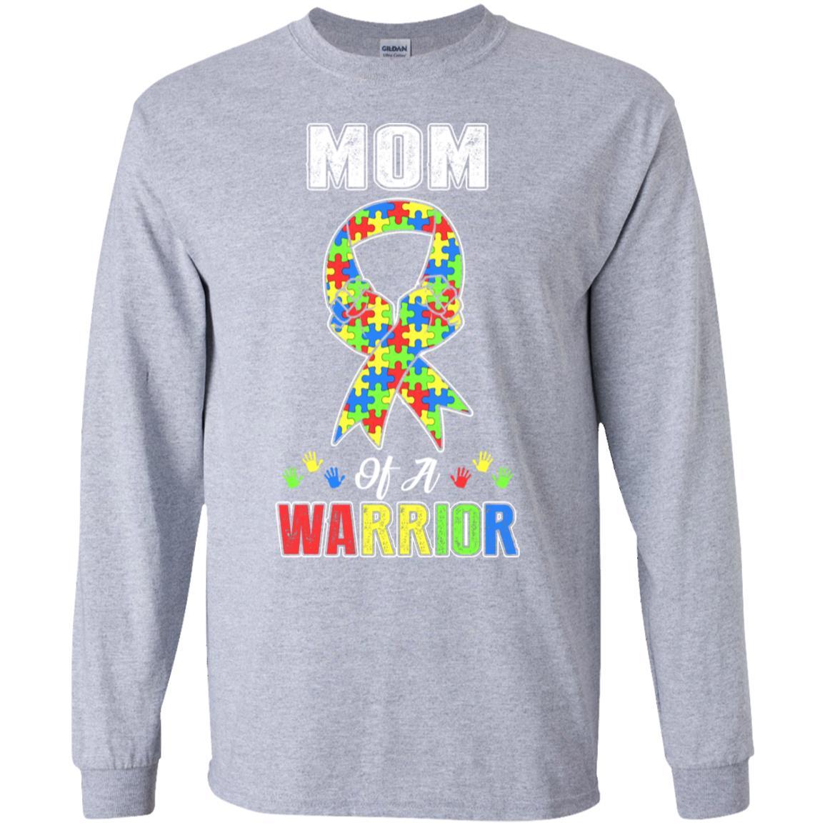 Mom Of A Warrior Support Autism Awareness Gift-T-Shirt & Hoodie-Long Sleeve T-Shirt-Sport Grey