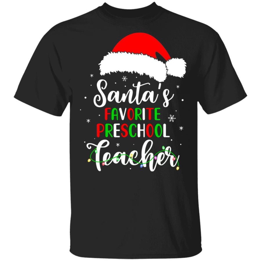 Santa's Favorite Preschool Teacher Santa Hat Christmas Light-T-Shirt & Sweatshirt-Classic T-Shirt-Black