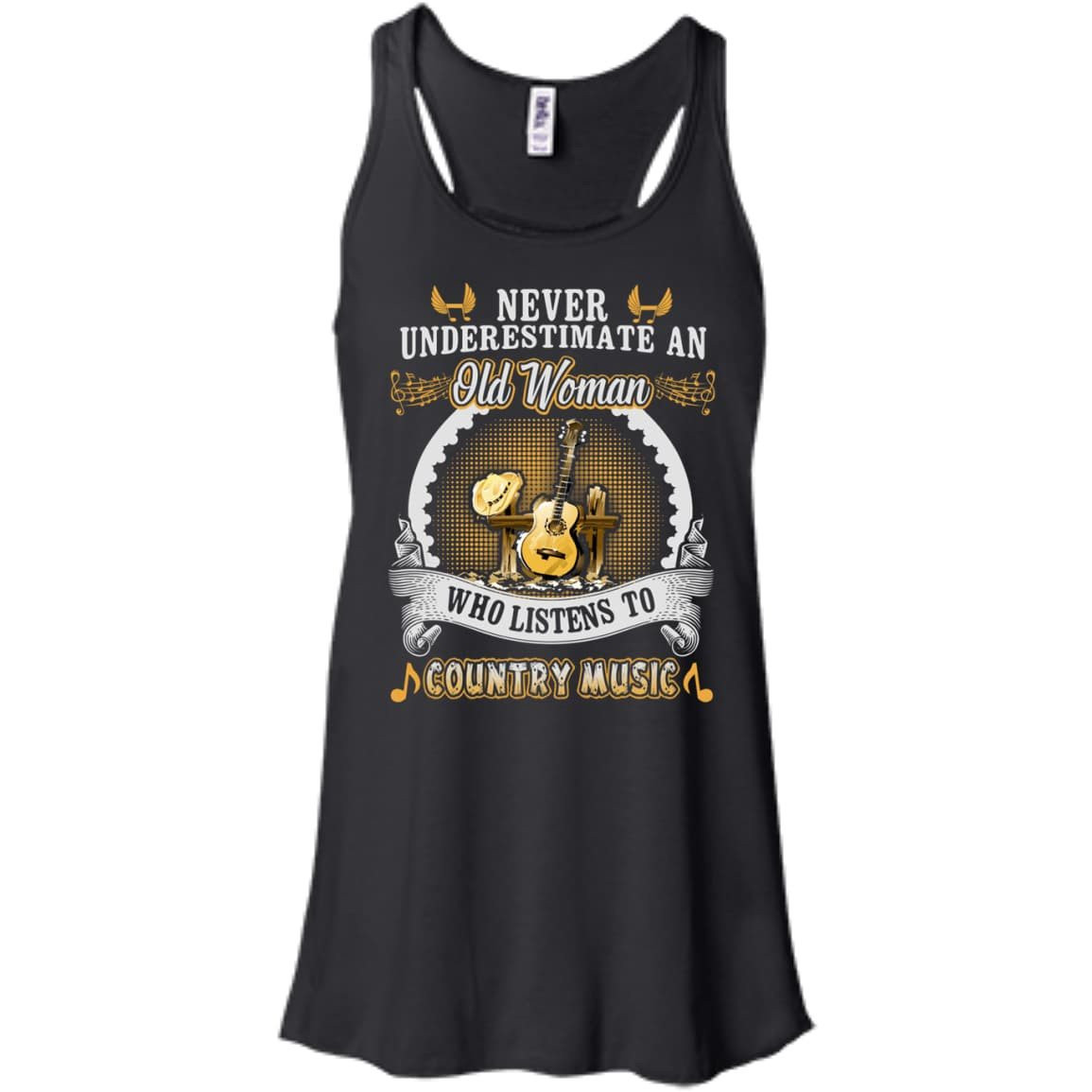 An Old Woman Listen To Country Music-T-Shirt & Hoodie-Women's Flowy Racerback Tank-Black