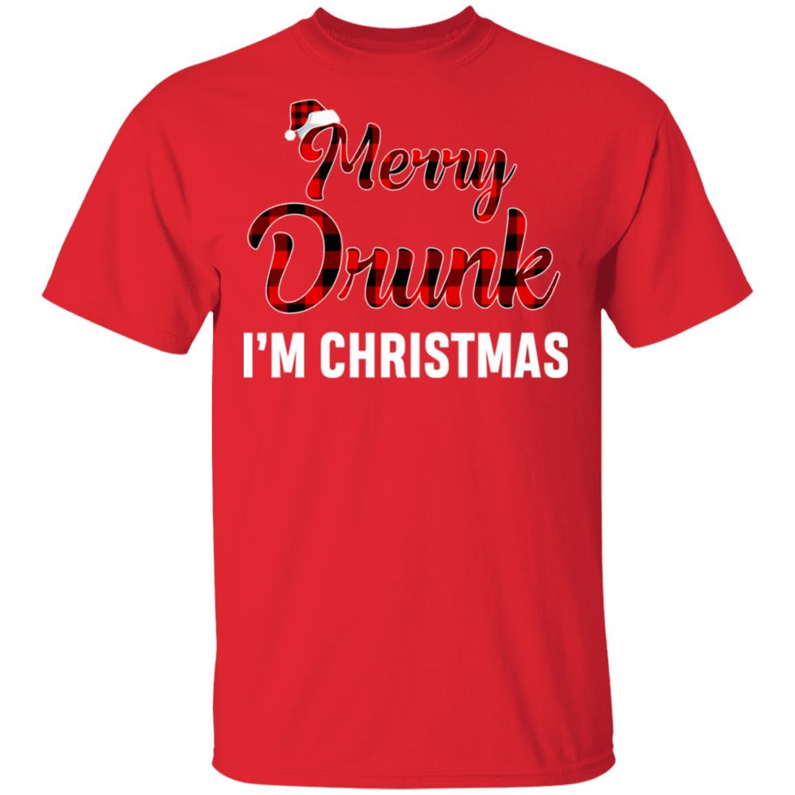 Red Plaid Xmas Drinking Wine Merry Drunk I'm Christmas-T-Shirt & Sweatshirt-Classic T-Shirt-Red