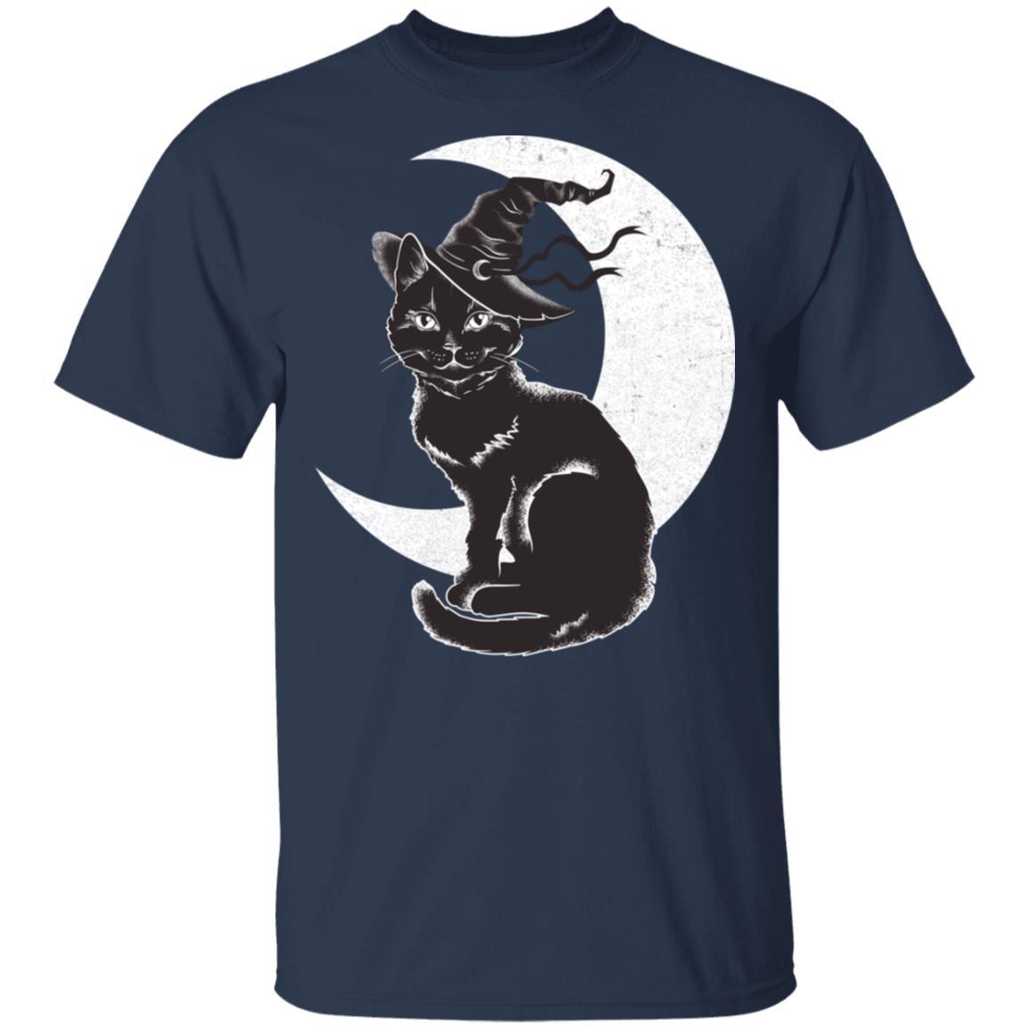 Vintage Scary Halloween Black Cat Costume Witch Hat Moon-T-Shirt & Hoodie-Classic T-Shirt-Navy