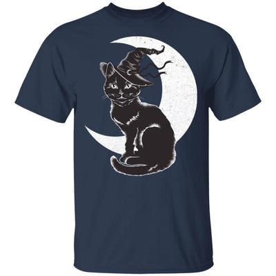 Vintage Scary Halloween Black Cat Costume Witch Hat Moon-T-Shirt & Hoodie-Classic T-Shirt-Navy