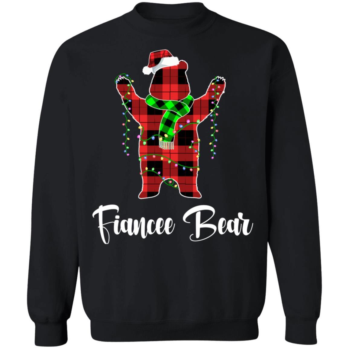 Red Plaid Fiancee Bear Couple Matching Christmas Pajama-T-Shirt & Sweatshirt-Crewneck Sweatshirt-Black