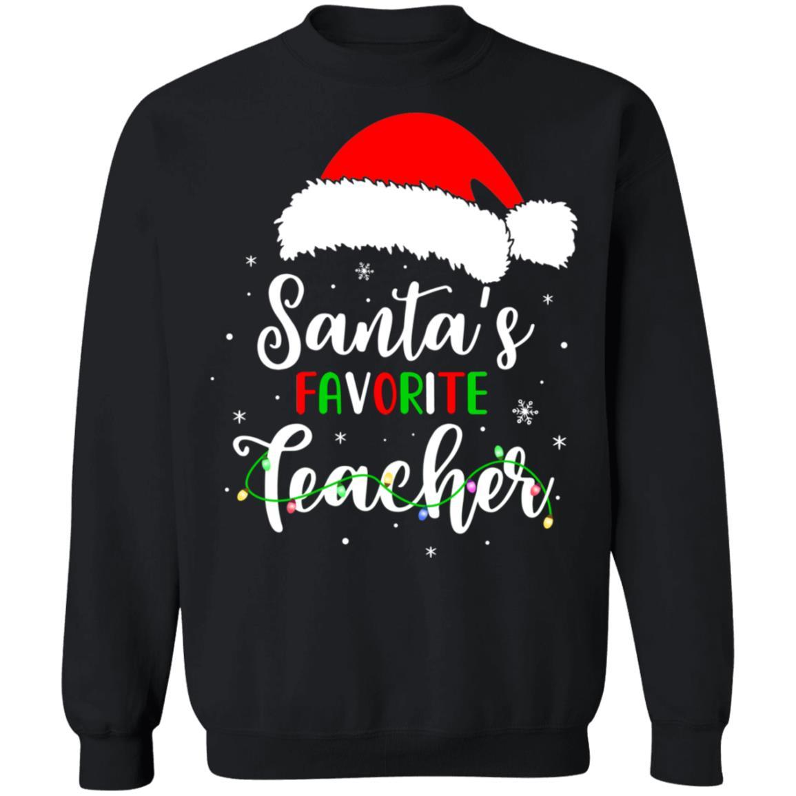 Santa's Favorite Teacher Santa Hat Christmas Light Gift-T-Shirt & Sweatshirt-Crewneck Sweatshirt-Black