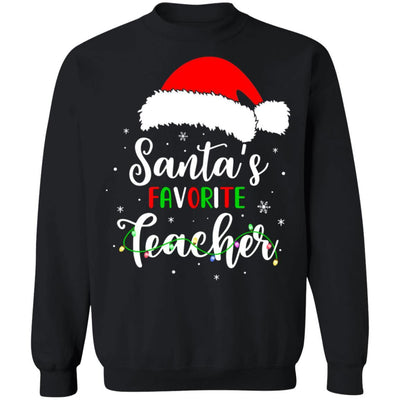 Santa's Favorite Teacher Santa Hat Christmas Light Gift-T-Shirt & Sweatshirt-Crewneck Sweatshirt-Black