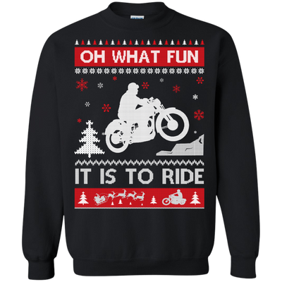 Motorcycle Sweater Christmas Oh What Fun It Is To Ride-T-Shirt & Hoodie-Crewneck Sweatshirt-Black