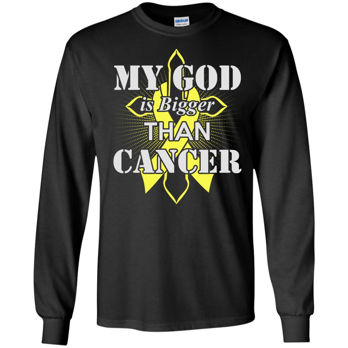 My God Is Bigger Than Cancer Yellow Awareness Ribbon-T-Shirt & Hoodie-Long Sleeve T-Shirt-Black