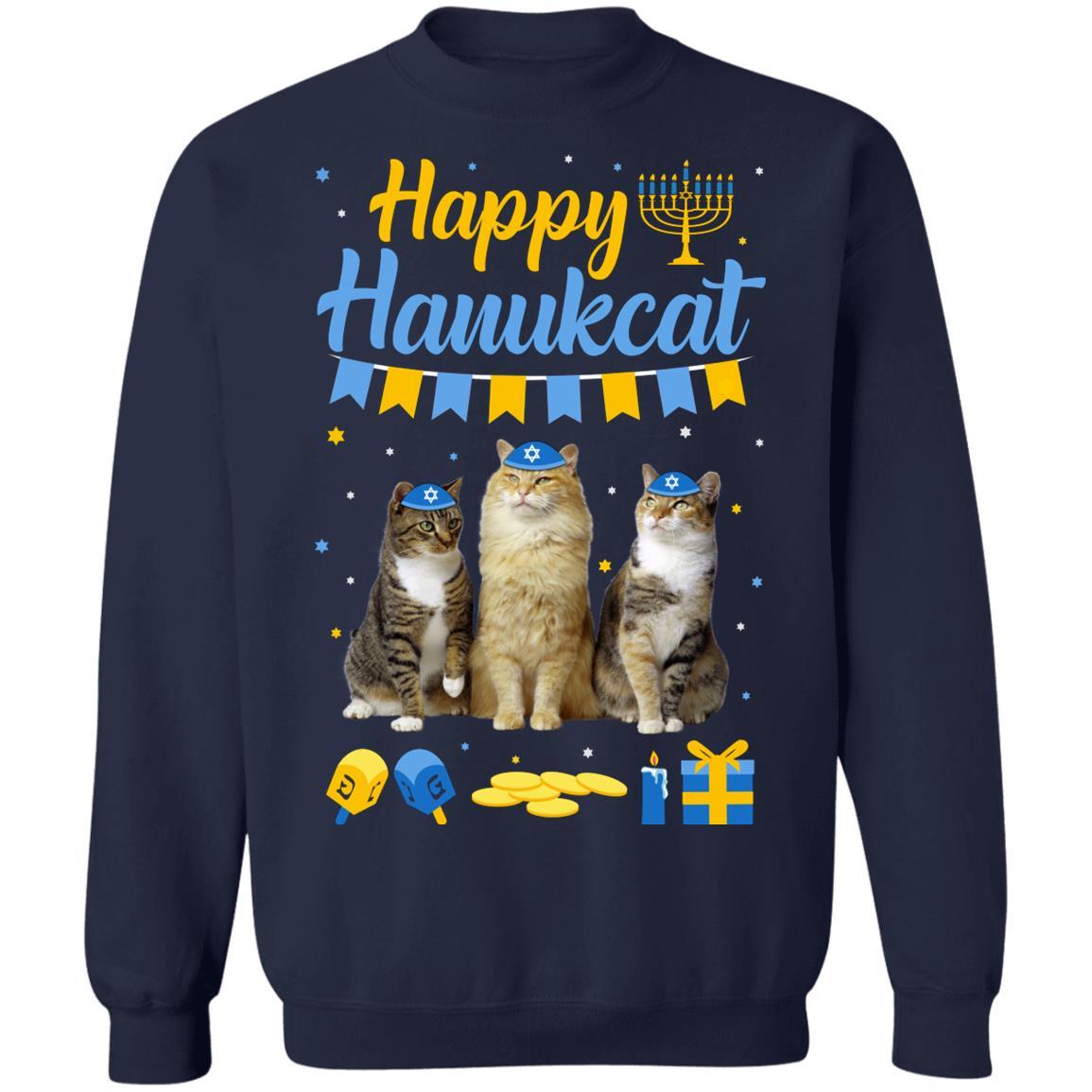 Jewish Hanukkah Cat Happy Hanukcat Christmas Gift-T-Shirt & Sweatshirt-Crewneck Sweatshirt-Navy