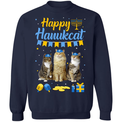 Jewish Hanukkah Cat Happy Hanukcat Christmas Gift-T-Shirt & Sweatshirt-Crewneck Sweatshirt-Navy