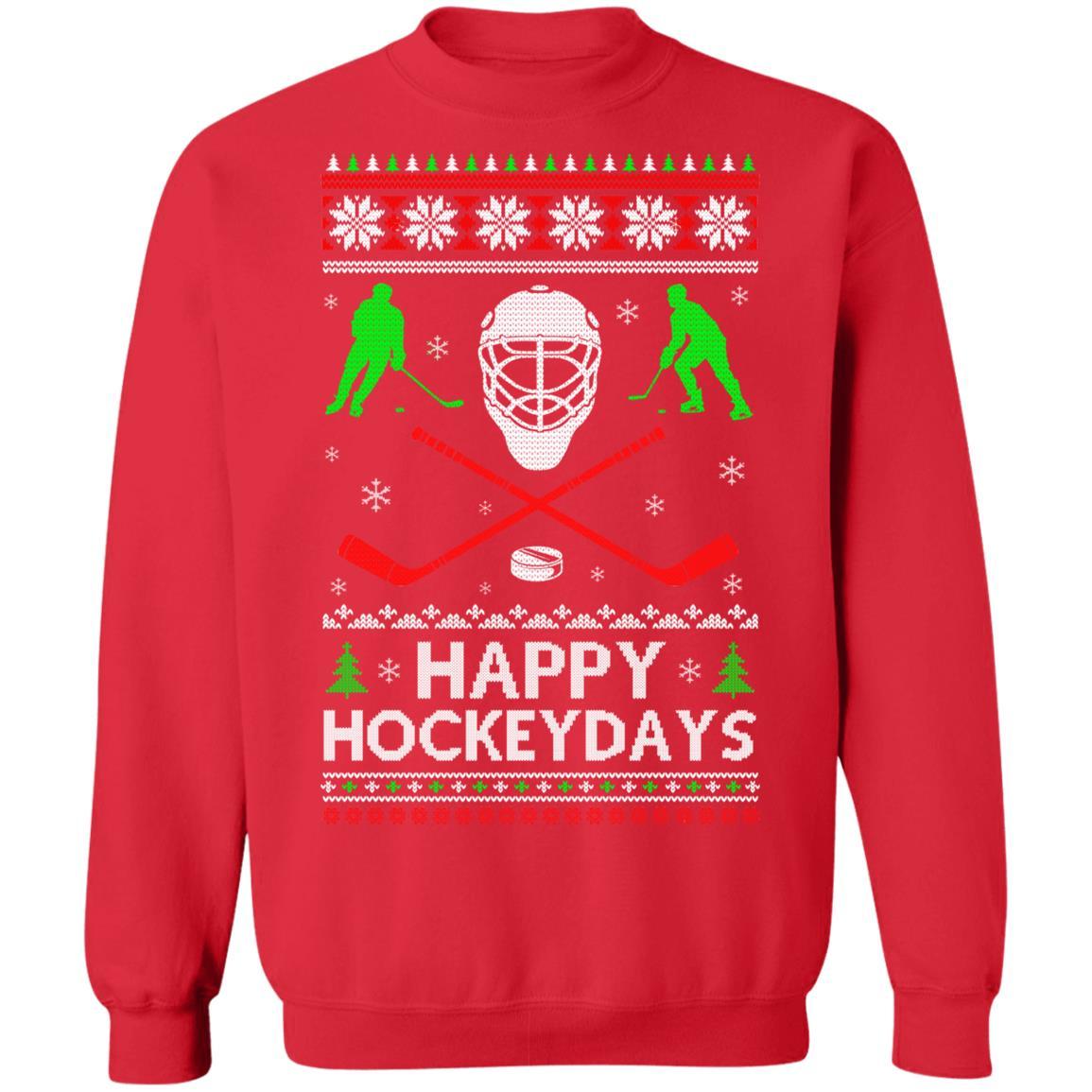 Happy Hockeydays Hockey Ugly Christmas Sweater Xmas Gift-T-Shirt & Sweatshirt-Crewneck Sweatshirt-Red
