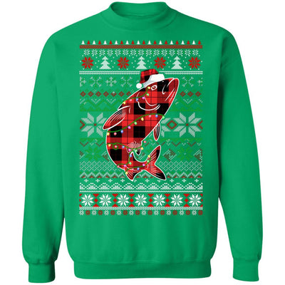 Red Plaid Buffalo Fish Pajamas Family Christmas Sweater-T-Shirt & Sweatshirt-Crewneck Sweatshirt-Irish Green