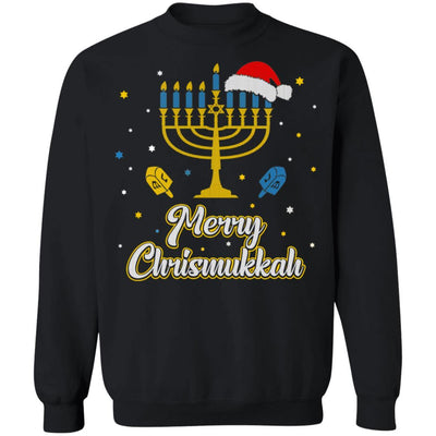 Christmas Ugly Hanukkah Sweater Menorah Merry Chrismukkah-T-Shirt & Sweatshirt-Crewneck Sweatshirt-Black