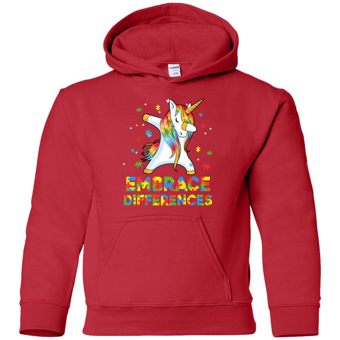 Dabbing Unicorn Autism Awareness Embrace Differences Youth-Youth Shirt-Youth Pullover Hoodie-Red