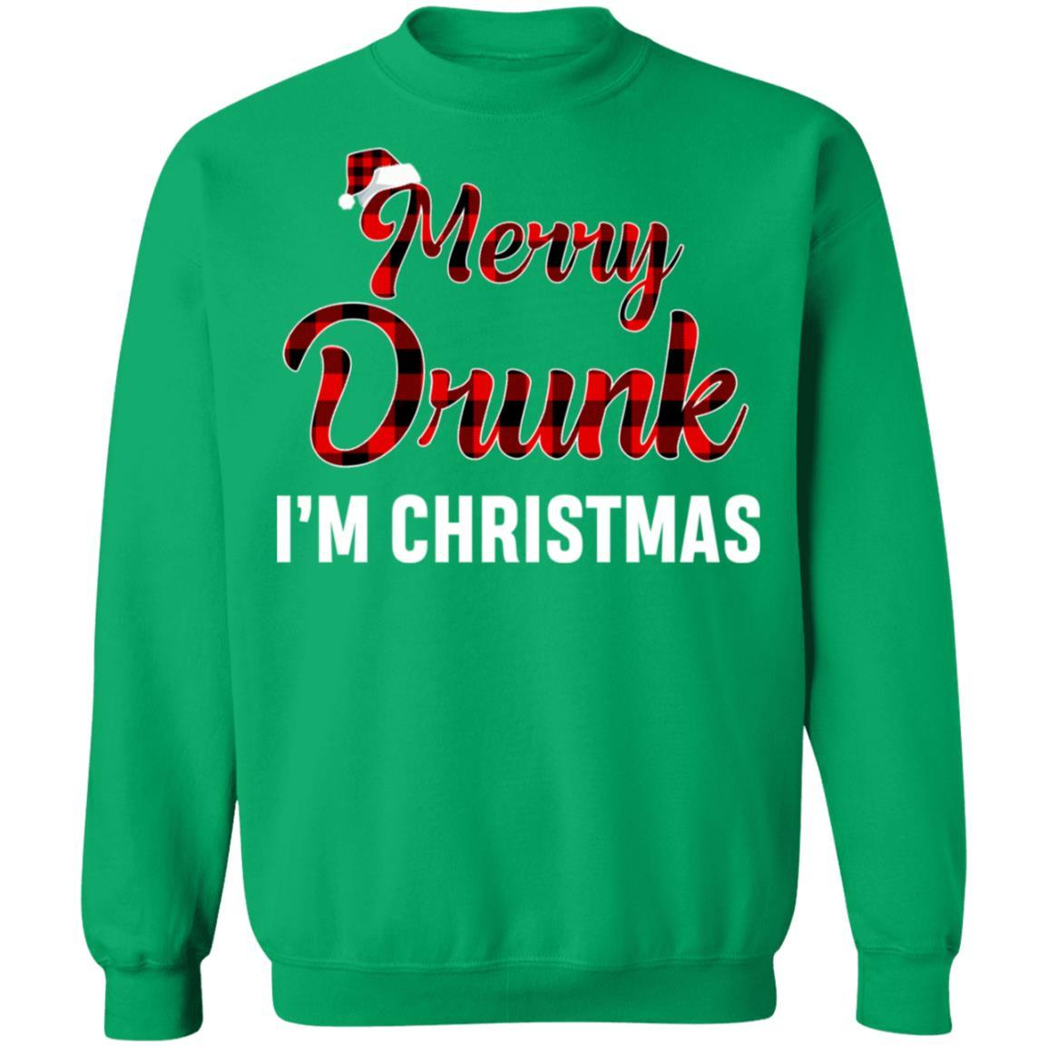 Red Plaid Xmas Drinking Wine Merry Drunk I'm Christmas-T-Shirt & Sweatshirt-Crewneck Sweatshirt-Irish Green