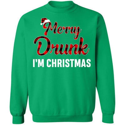 Red Plaid Xmas Drinking Wine Merry Drunk I'm Christmas-T-Shirt & Sweatshirt-Crewneck Sweatshirt-Irish Green