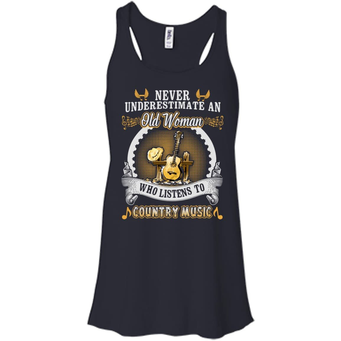 An Old Woman Listen To Country Music-T-Shirt & Hoodie-Women's Flowy Racerback Tank-Midnight