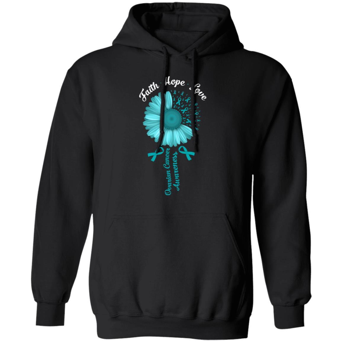 Faith Hope Love Teal Ribbon Ovarian Cancer Awareness-T-Shirt & Hoodie-Pullover Hoodie-Black