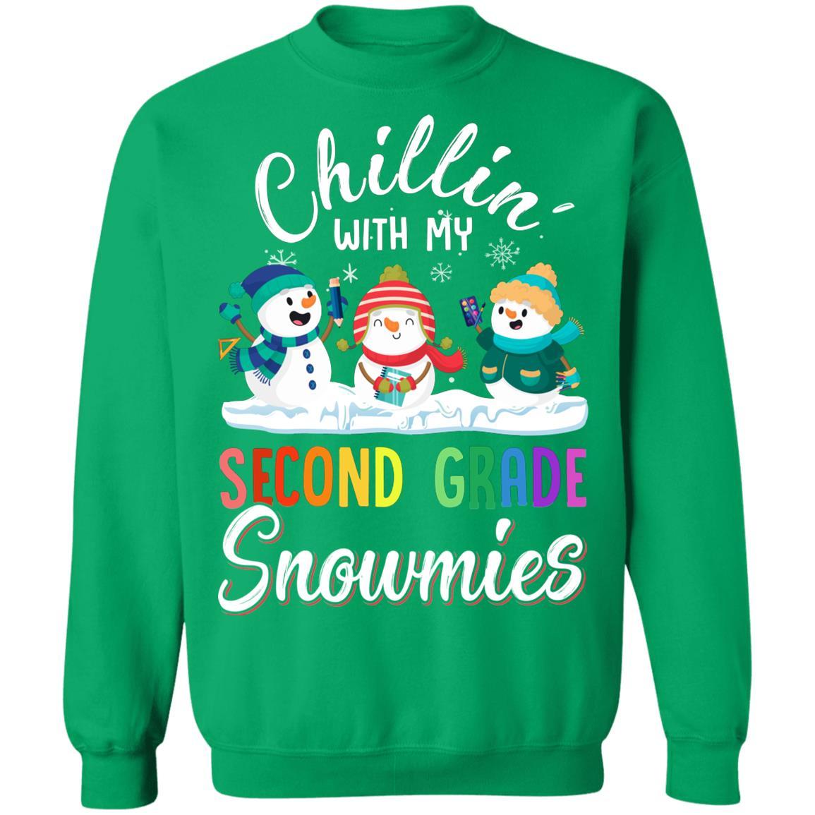 Chillin' With Second Grade Snowmies Christmas Teacher Gifts-T-Shirt & Sweatshirt-Crewneck Sweatshirt-Irish Green