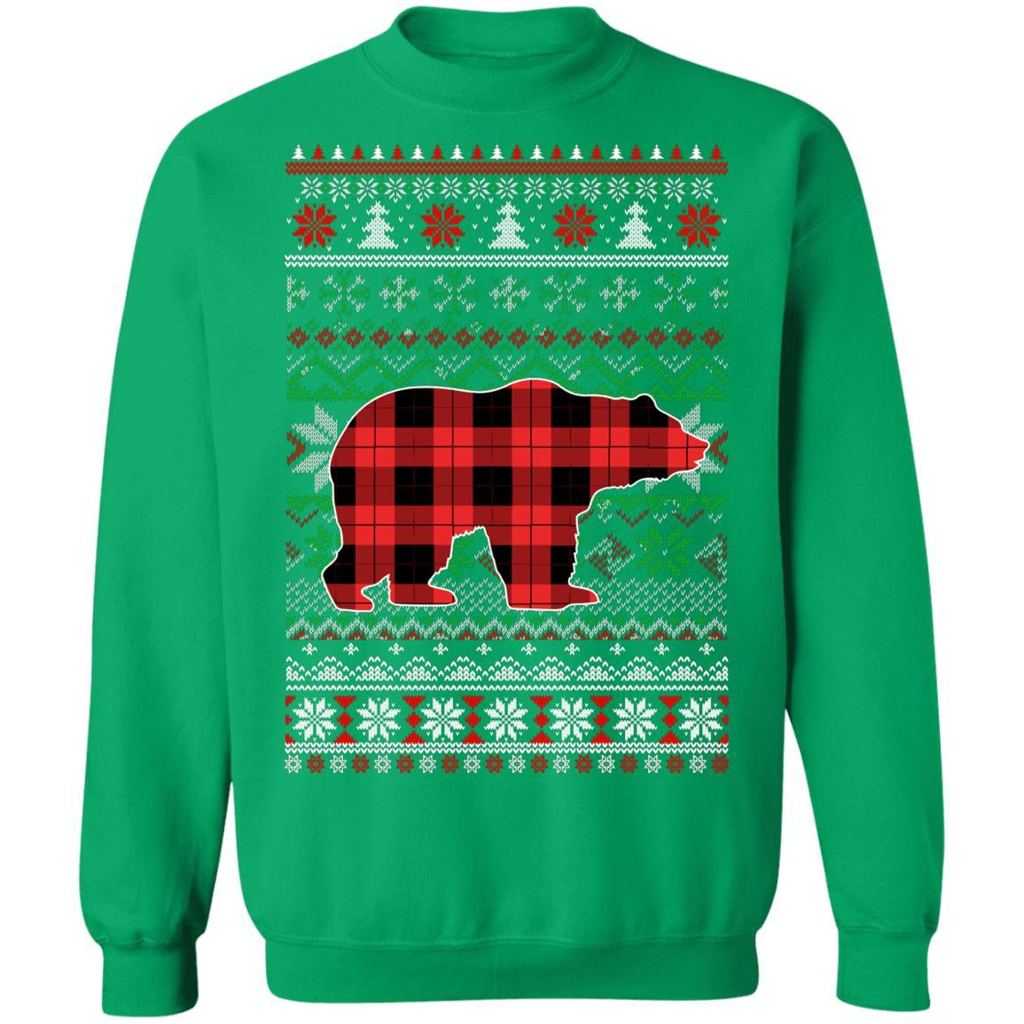 Bear Red Plaid Ugly Christmas Sweater Funny Gifts-T-Shirt & Sweatshirt-Crewneck Sweatshirt-Irish Green