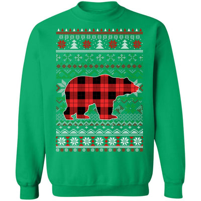 Bear Red Plaid Ugly Christmas Sweater Funny Gifts-T-Shirt & Sweatshirt-Crewneck Sweatshirt-Irish Green