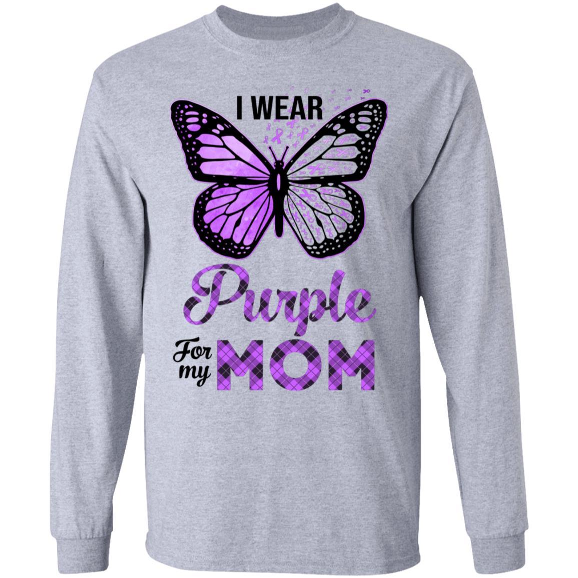 I Wear Purple For My Mom Butterfly Alzheimer's Awareness-T-Shirt & Hoodie-Long Sleeve T-Shirt-Sport Grey