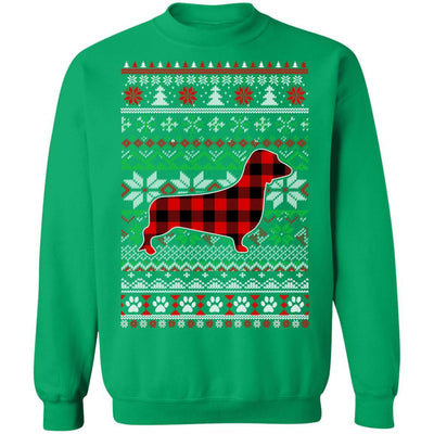 Dachshund Red Plaid Ugly Christmas Sweater Gifts-T-Shirt & Sweatshirt-Crewneck Sweatshirt-Irish Green