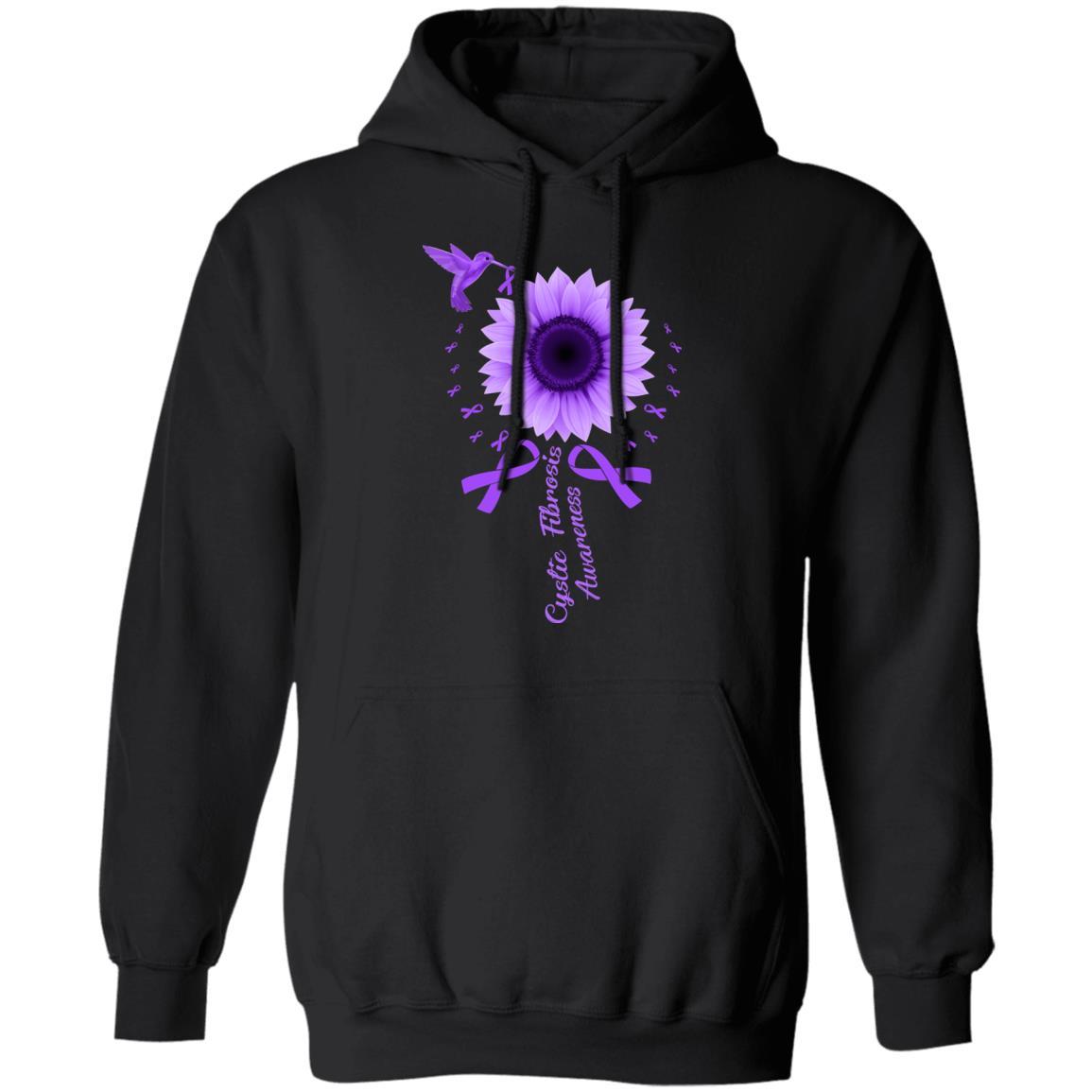 Hummingbird Sunflower Purple Ribbon Cystic Fibrosis Awareness-T-Shirt & Hoodie-Pullover Hoodie-Black