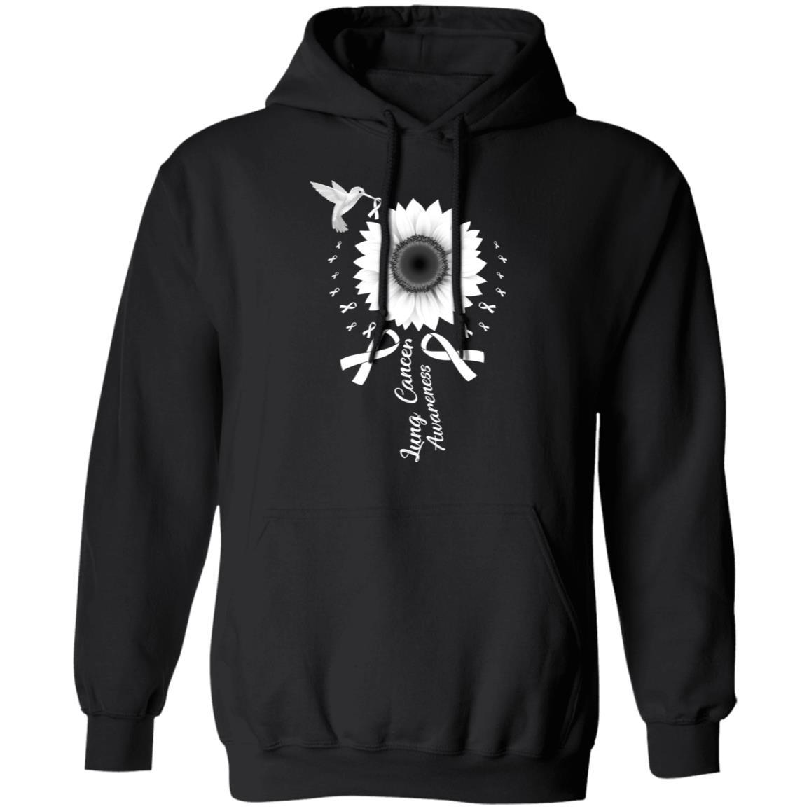 Hummingbird Sunflower White Ribbon Lung Cancer Awareness-T-Shirt & Hoodie-Pullover Hoodie-Black