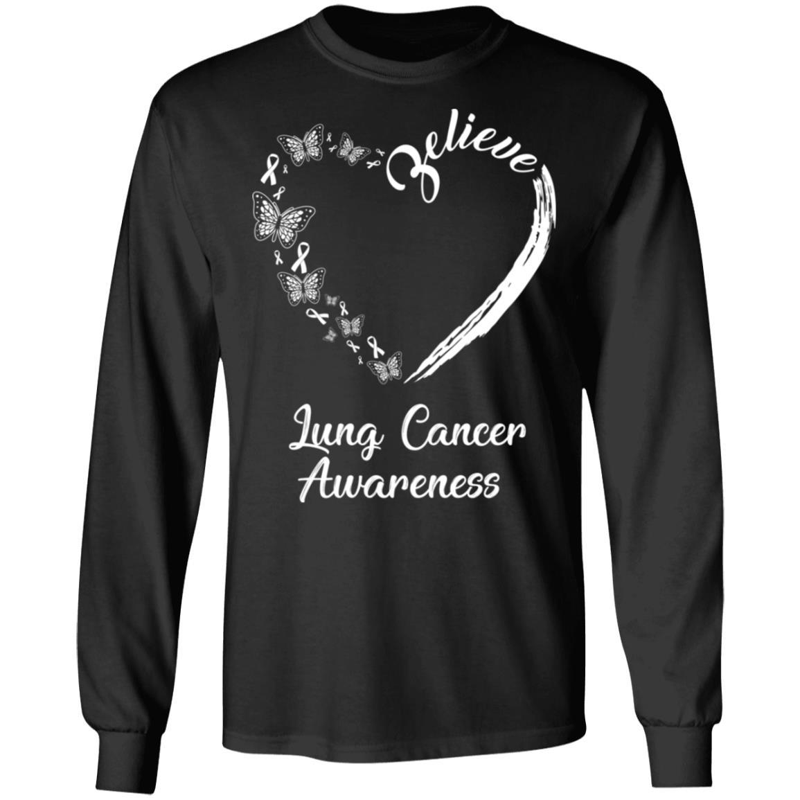 Butterfly Believe Lung Cancer Awareness Ribbon Gifts-T-Shirt & Hoodie-Long Sleeve T-Shirt-Black