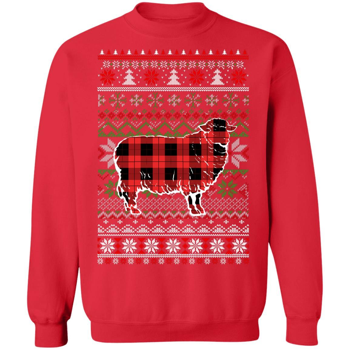 Sheep Red Plaid Ugly Christmas Sweater Funny Gifts-T-Shirt & Sweatshirt-Crewneck Sweatshirt-Red