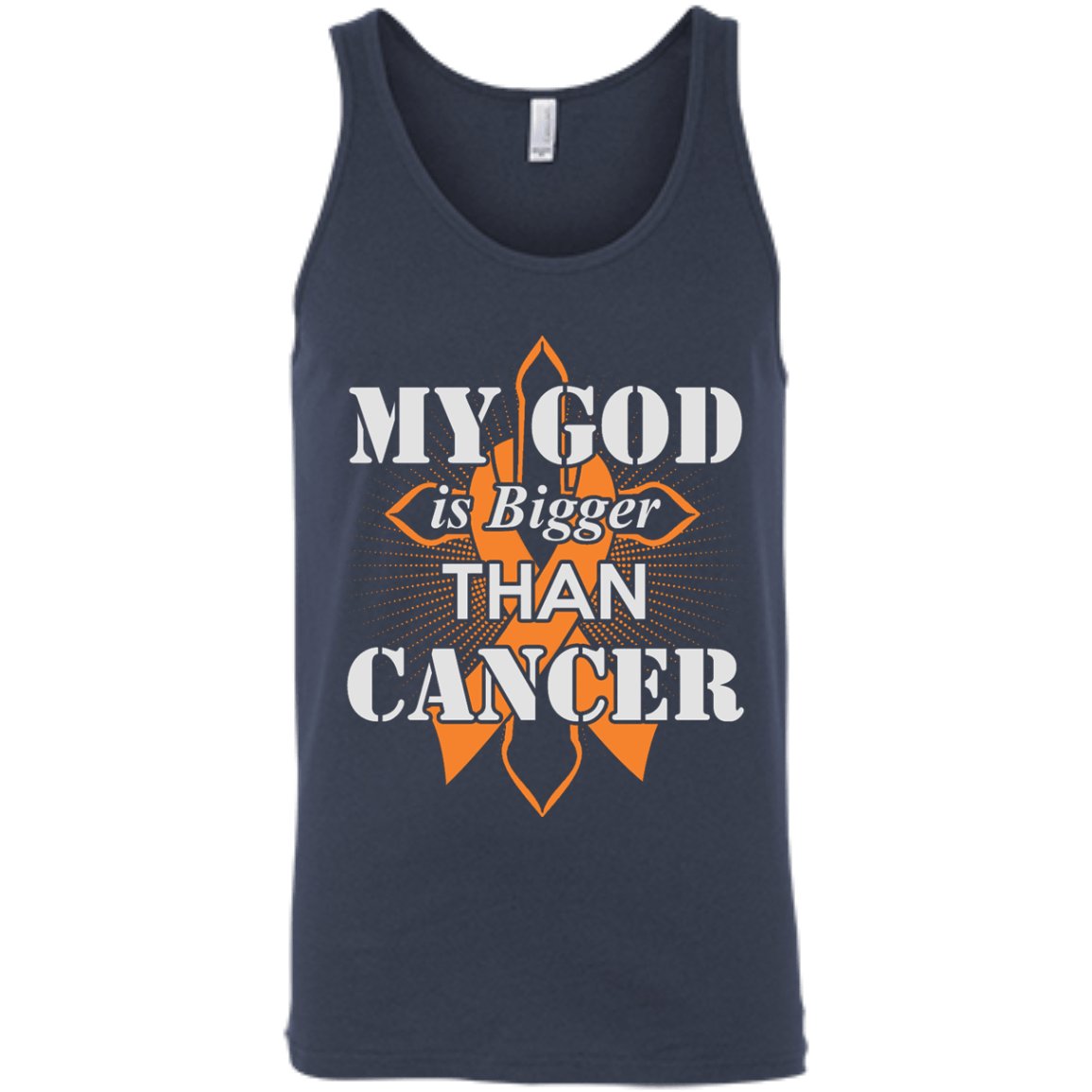 My God Is Bigger Than Cancer Orange Awareness Ribbon-T-Shirt & Hoodie-Unisex Tank-Navy