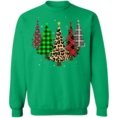 Merry Christmas Tree Leopard Buffalo Plaid Xmas Gifts-T-Shirt & Sweatshirt-Crewneck Sweatshirt-Irish Green