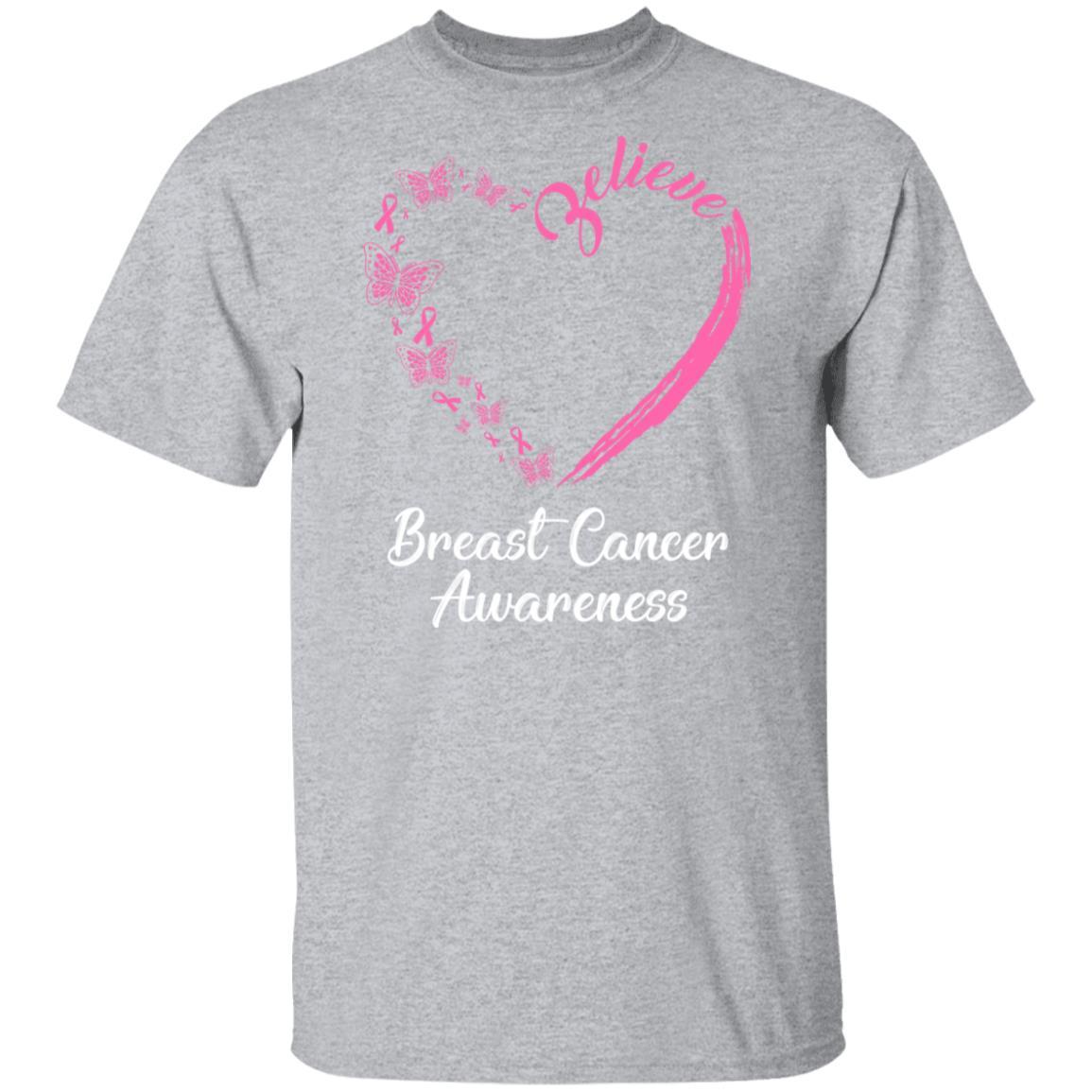 Butterfly Believe Breast Cancer Awareness Ribbon Gifts-T-Shirt & Hoodie-Classic T-Shirt-Sport Grey