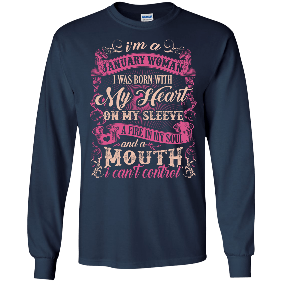 I Am A January Woman I Was Born With My Heart On My Sleeve-T-Shirt & Hoodie-Long Sleeve T-Shirt-Navy