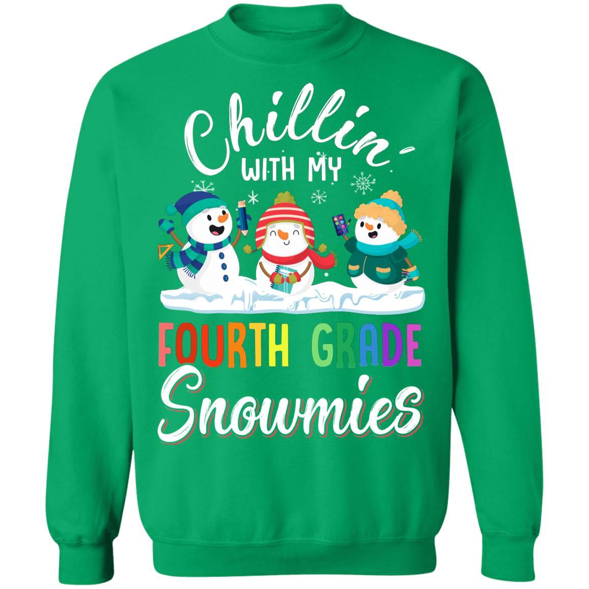 Chillin' With Fourth Grade Snowmies Christmas Teacher Gifts-T-Shirt & Sweatshirt-Crewneck Sweatshirt-Irish Green